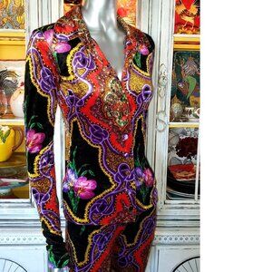 Vintage Betsey Johnson Velvet Dress Shirt Black Floral Leopard Top Blouse Size S